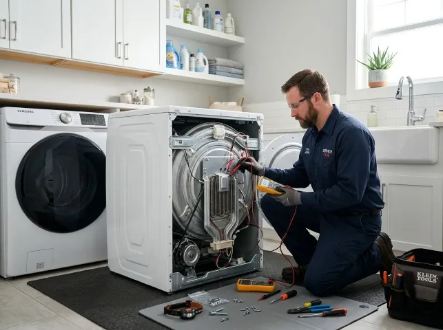 Appliance Repair Hero technician checking a dryer heating element with the rear panel off in Bergenfield, NJ