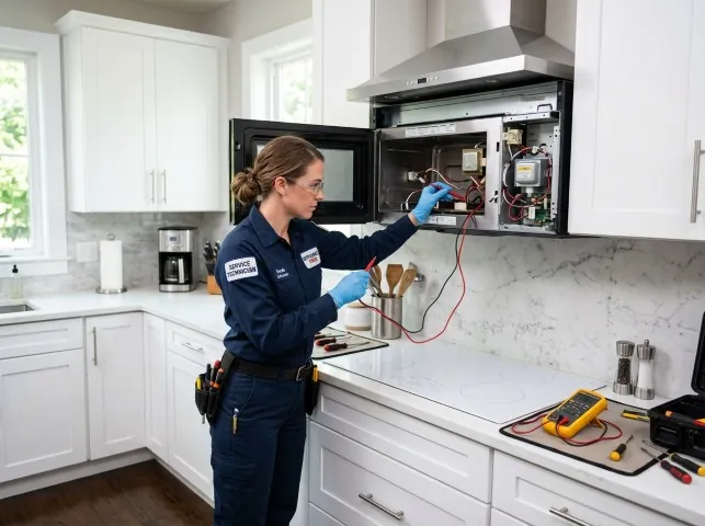 Appliance Repair Hero technician testing an over-the-range microwave in a Bergenfield, NJ kitchen