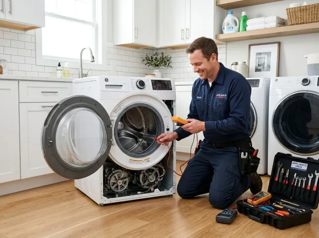 Appliance Repair Hero technician testing a front-load washer with a multimeter on a Bergenfield, NJ service call